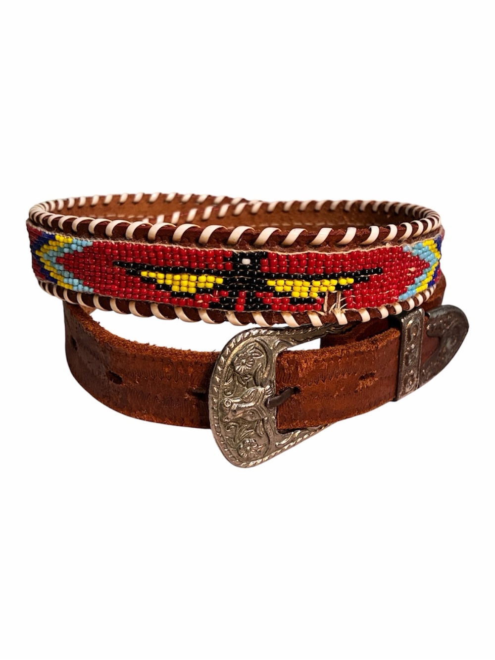 Beaded Red & Brown Leather Western Belt with Silver Buckle